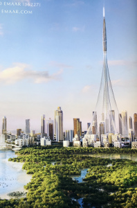 The new future tallest building in the world - Dubai creek tower as shown on the wall of Dubai airport.