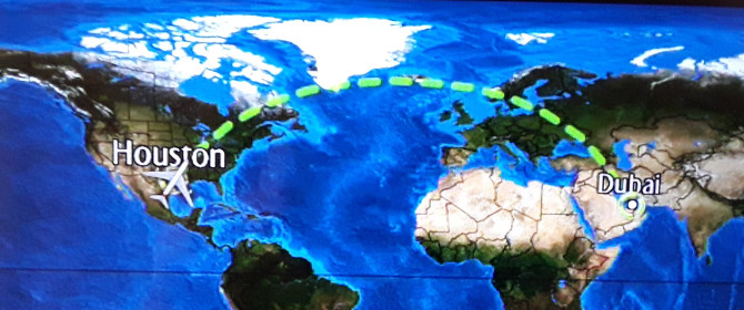 The flight map from Houston to Dubai