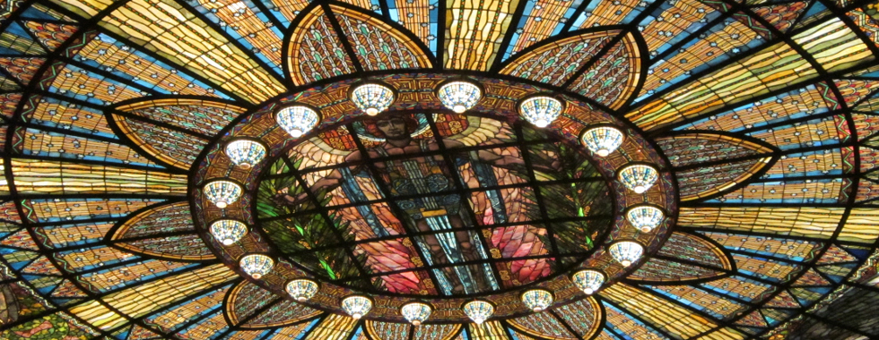 Stained glass ceiling window inside theatre at Palace of Fine Arts 