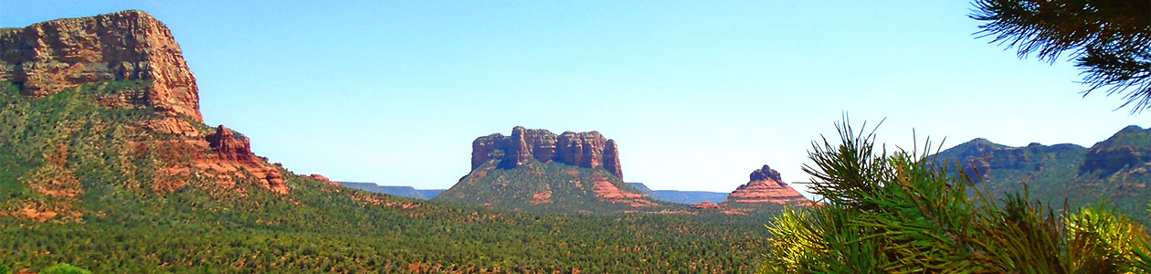 The view of Courthouse butte and Bell rock from the Chappel of the Holy Cross