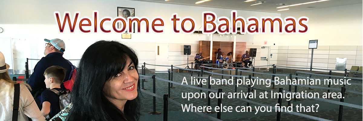 The image of the Imigration area of the Bahamas airport with the live music band singing.