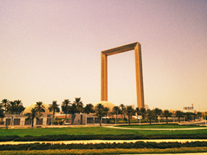 The Dubai Frame, a 150-meter-tall and 93-meter-wide hollow, gold-plated observation tower, in the city's Zabeel Park. It is believed to be the world's largest picture frame, its glass-bottomed sky deck provides a 360-degree view of both old and new Dubai.