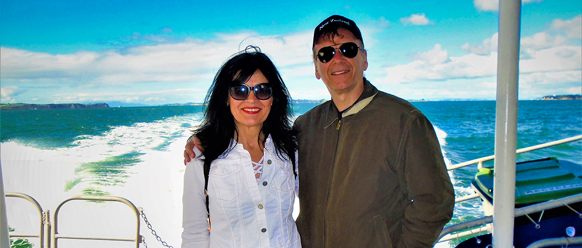 An image of me an my wife on the Harbour tour