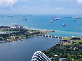 View to the east side with container ships. Singapore's port is the world's second busiest port in terms of total shipping tonnage.