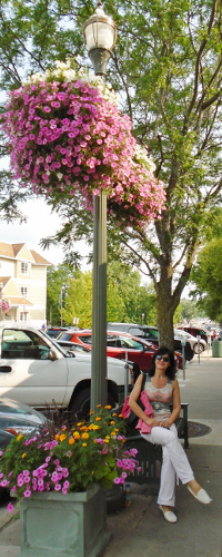 Lake Geneva street with flower-beds at the bottom and around the street light
